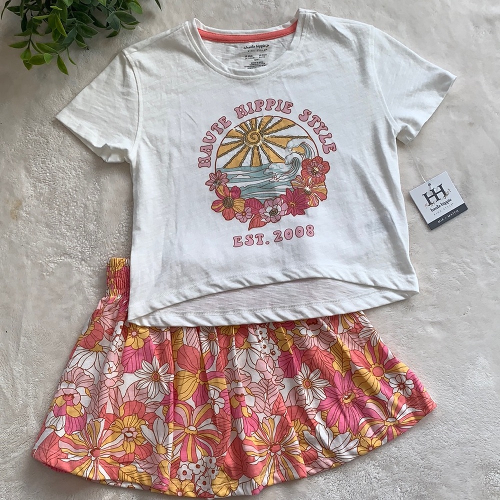 NWT Haute Hippie 5/6 Pink Orange Floral Top & Skort Set